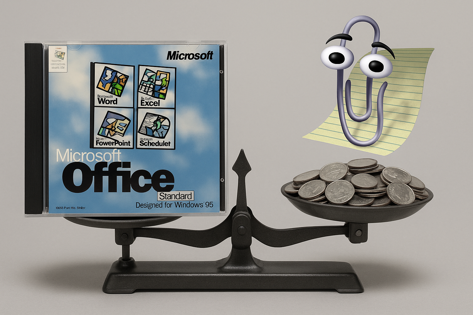 Scale weighing Microsoft Office against Clippy and coins
